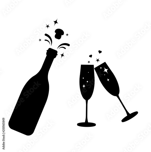 Champagne bottle vector glass icon.Bottle and two glasses black silhouette icons.Toast New Year.Bottle explosion cork.Flat cocktail silhouette glass.
