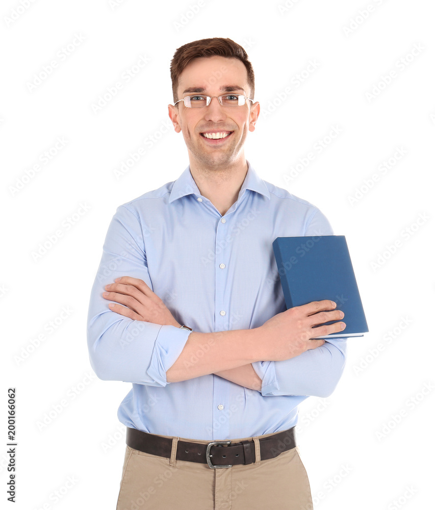 Young male teacher with book on white background Young male teacher with book on white background
