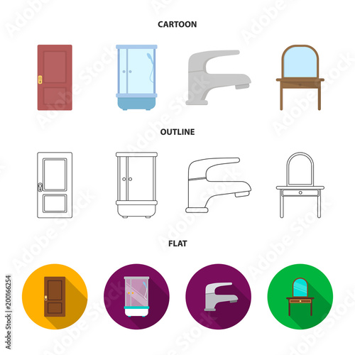 Door, shower cubicle, mirror with drawers, faucet.Furniture set collection icons in cartoon,outline,flat style vector symbol stock illustration web.