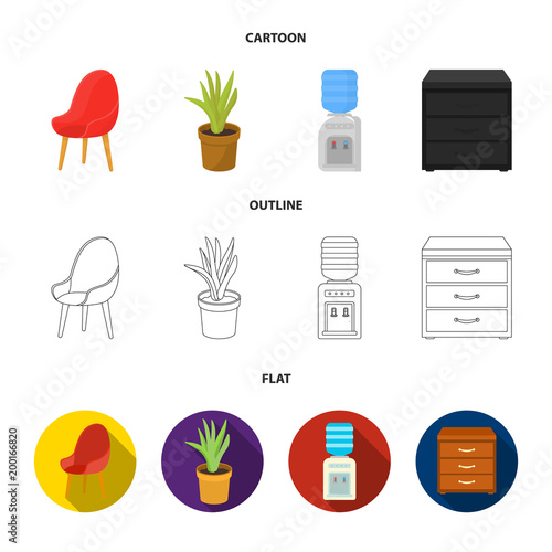 A red chair with a comfortable back, an aloe flower in a pot, an apparatus with clean water, a cabinet for office papers. Office Furniture set collection icons in cartoon,outline,flat style vector