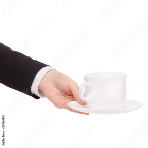 Cup of coffee tea and saucer in female hand business woman