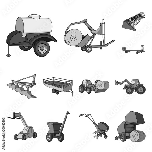 Agricultural machinery monochrome icons in set collection for design. Equipment and device vector symbol stock web illustration.