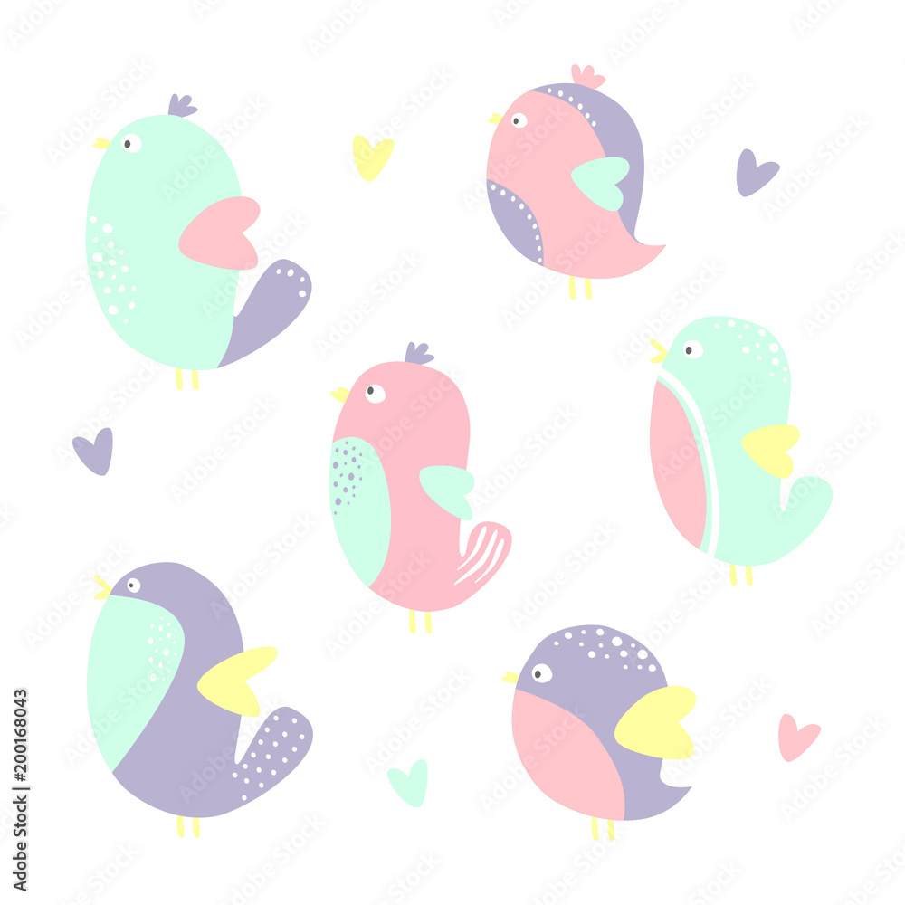 Set of cute little colorful birds isolated on white background. Vector illustration.