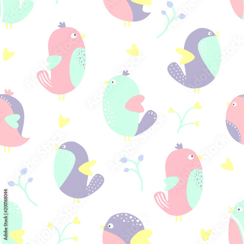 Seamless pattern with cute bird on white background. Ornament for textile and wrapping. Vector.