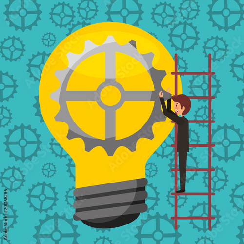 businessman climbing stairs and big bulb idea with gear vector illustration