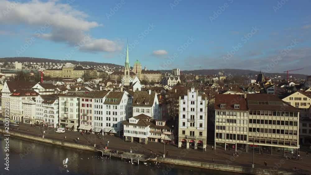 Aerial view of Limmat river and buildings in Zurich Aerial view of Limmat river and buildings in Zurich
