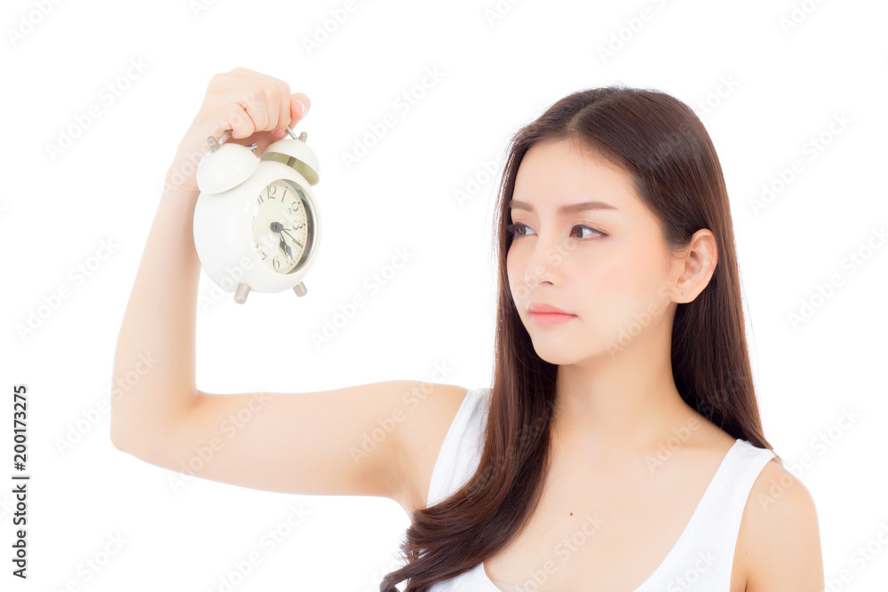 Beautiful asian young woman holding alarm clock, Portrait of woman with wake up, girl with isolated on white background, time with deadline concept. Beautiful asian young woman holding alarm clock, Portrait of woman with wake up, girl with isolated on white background, time with deadline concept.