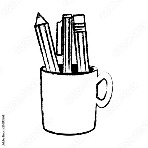 sketch of pencil holder with writing tools icon over white background, vector illustration