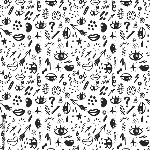 Seamless pattern with hand drawn sketched doodle elements eyes and lips, abstract background. Typography design print, vector illustration