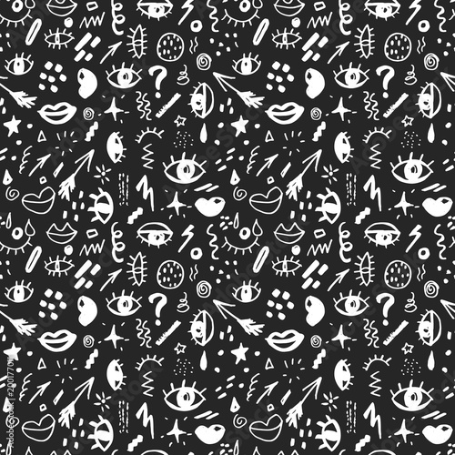 Seamless pattern with hand drawn sketched doodle elements eyes and lips, abstract background. Typography design print, vector illustration