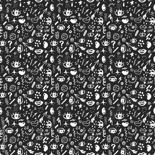Seamless pattern with hand drawn sketched doodle elements eyes and lips, abstract background. Typography design print, vector illustration