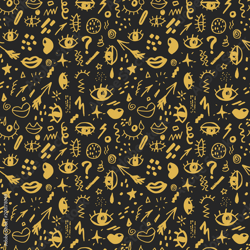 Seamless pattern with hand drawn sketched doodle elements eyes and lips, abstract background. Typography design print, vector illustration