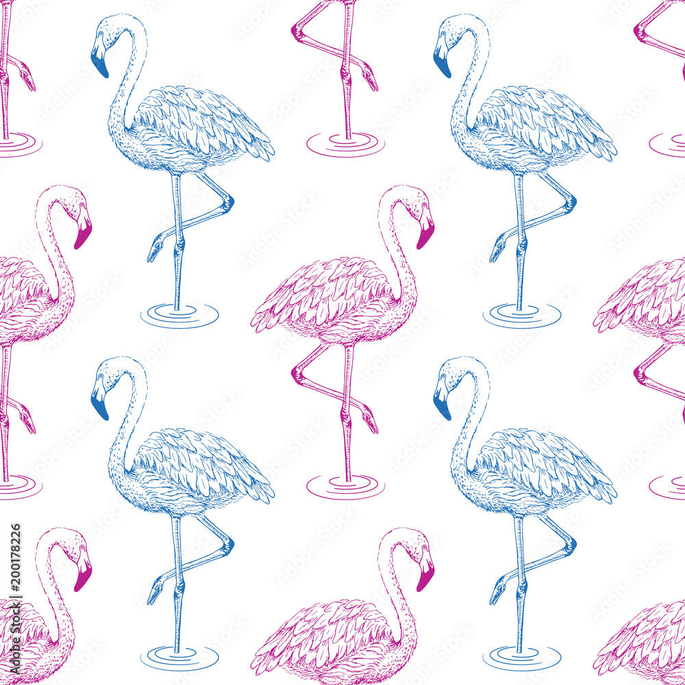 Naklejka premium Flamingo sketch seamless pattern
