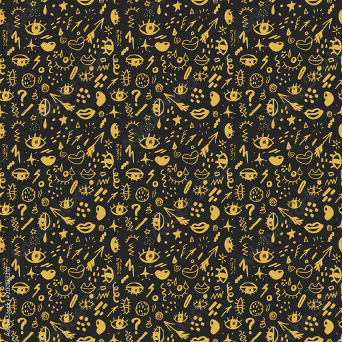 Seamless pattern with hand drawn sketched doodle elements eyes and lips, abstract background. Typography design print, vector illustration