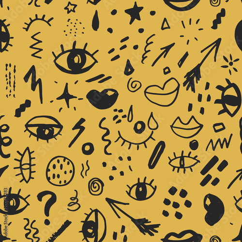 Seamless pattern with hand drawn sketched doodle elements eyes and lips, abstract background. Typography design print, vector illustration