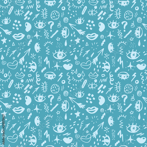 Seamless pattern with hand drawn sketched doodle elements eyes and lips, abstract background. Typography design print, vector illustration