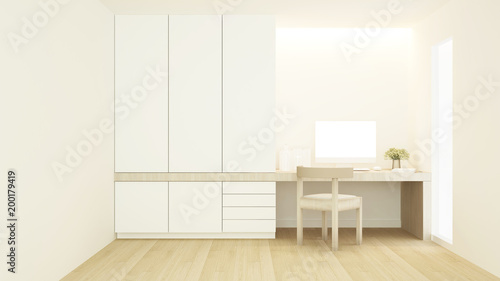 Workplace and wardrobe in condominium or hotel - Study room white tone artwork for apartment or home - 3D Rendering