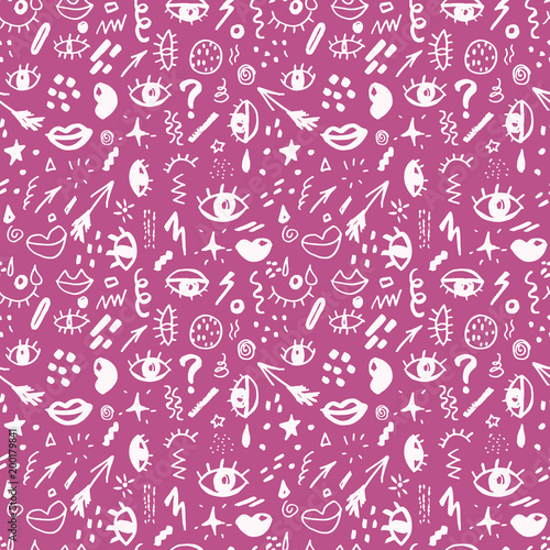Seamless pattern with hand drawn sketched doodle elements eyes and lips, abstract background. Typography design print, vector illustration