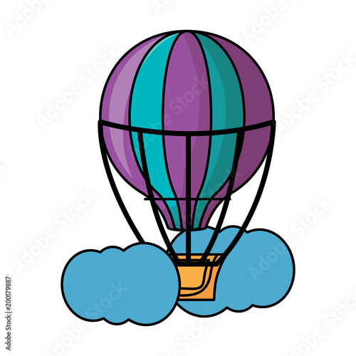 hot air balloon at the sky with clouds over white background, colorful design. vector illustration