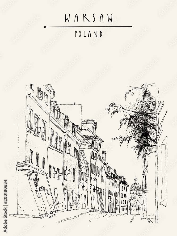 Old city in Warsaw, Poland, Europe. Cobblestone street in historical town. Vintage travel hand drawn postcard