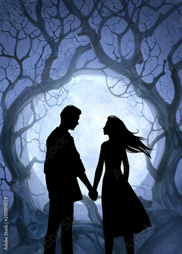 Beautiful cartoon black silhouette illustration of a young couple in love  holding hands on a romantic background Stock Illustration | Adobe Stock