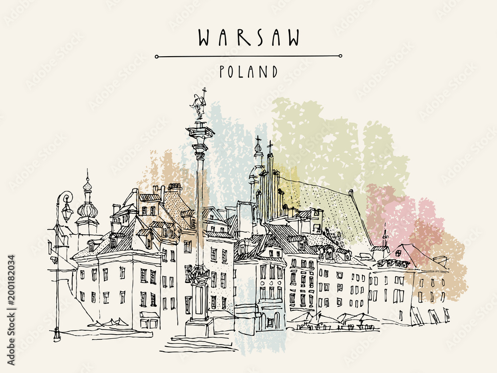 Castle Square in Warsaw. King Sigismund's Column (Kolumna Zygmunta), St. John's Archicathedral. Vintage travel hand drawn postcard