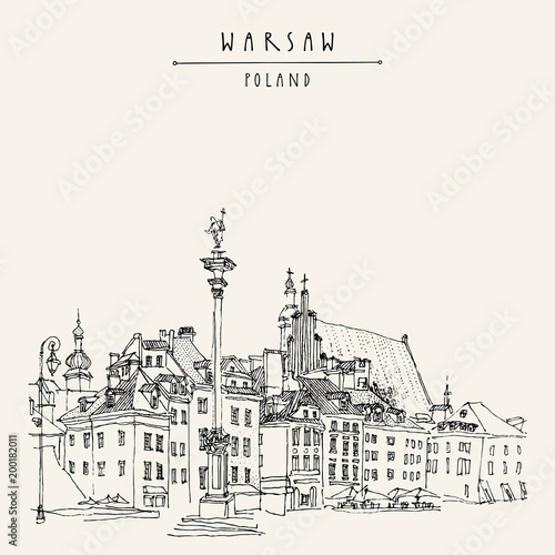 Castle Square in Warsaw. King Sigismund's Column (Kolumna Zygmunta), St. John's Archicathedral. Vintage travel hand drawn postcard