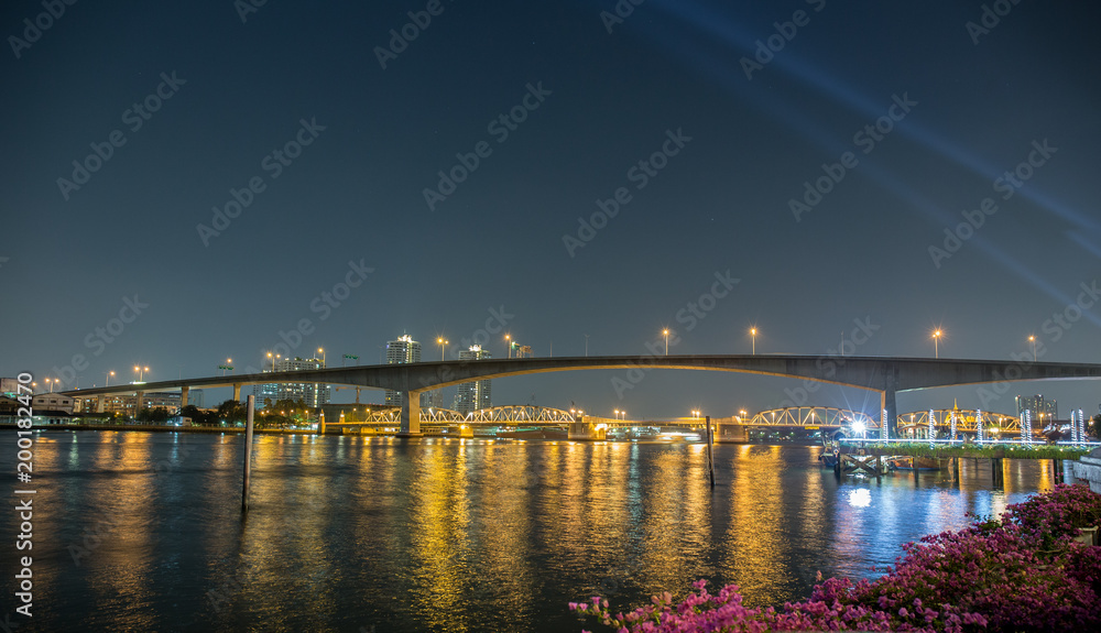 Gold color Chao Phraya river near Rama 3 bridge in the night, Bangkok, Thailand