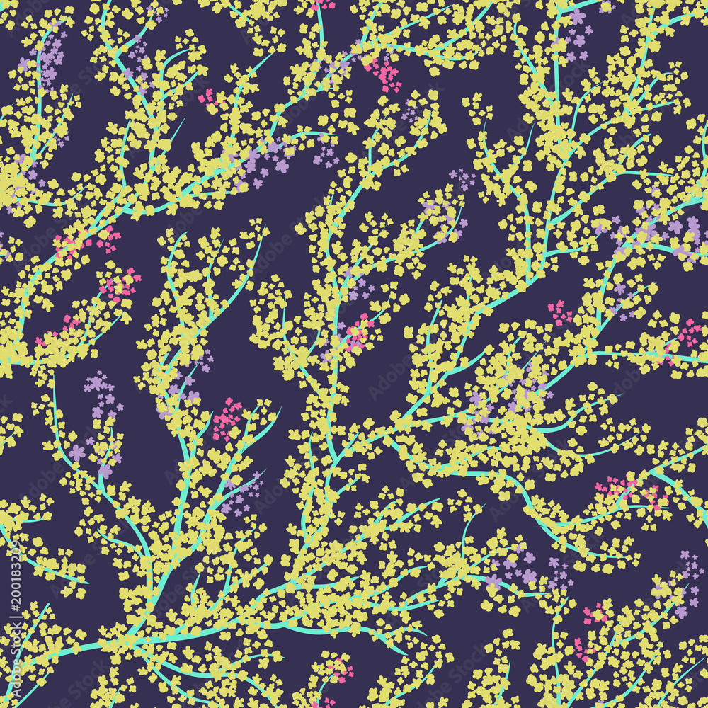 Background seamless pattern with sakura tree. Beautiful Japanese background with yellow sakura blossom on a violet background- Japanese cherry tree.Vector illustration Background seamless pattern with sakura tree. Beautiful Japanese background with yellow sakura blossom on a violet background- Japanese cherry tree.Vector illustration
