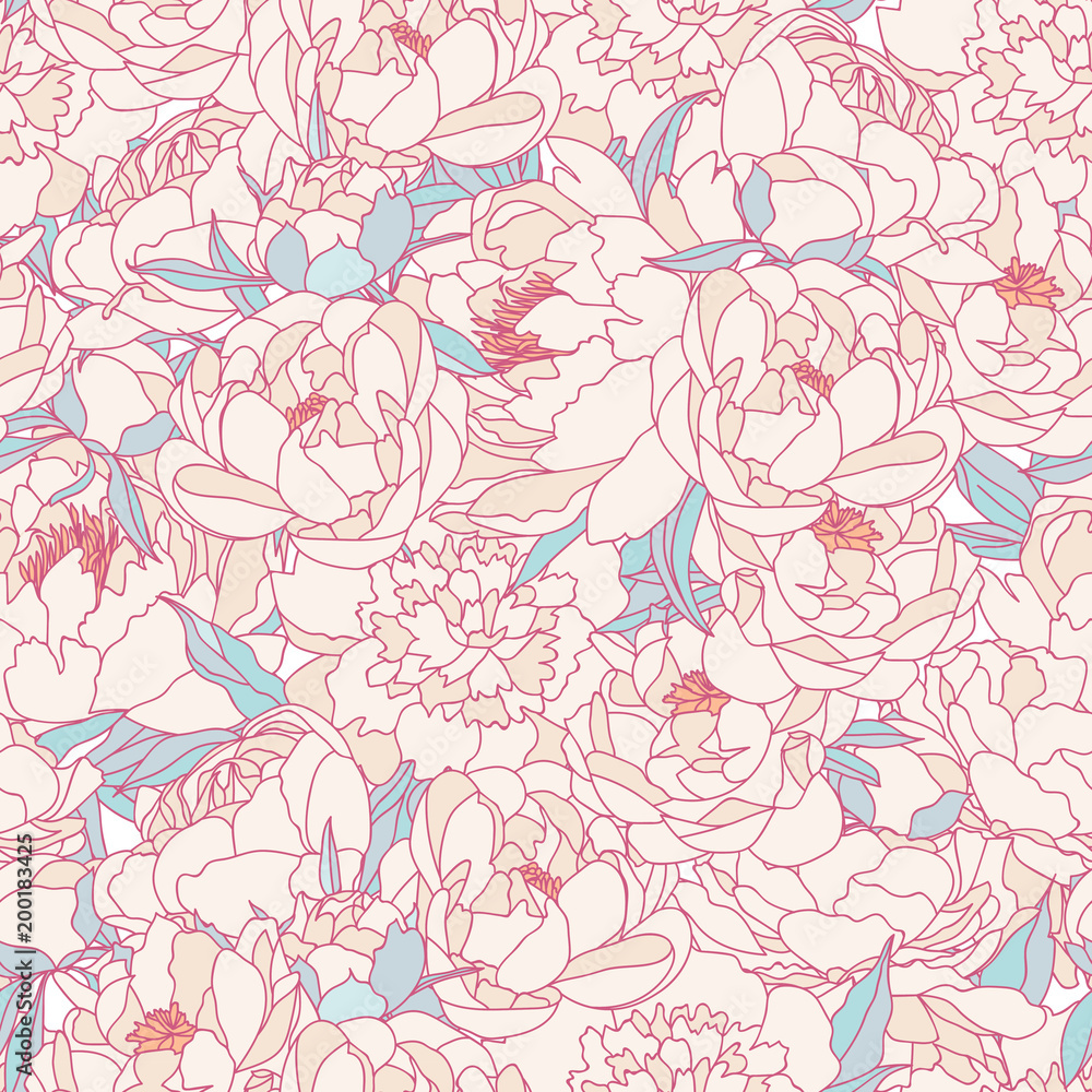 Fototapeta premium Seamless vector background with beautiful pattern of peonies. Romantic background in vintage style.