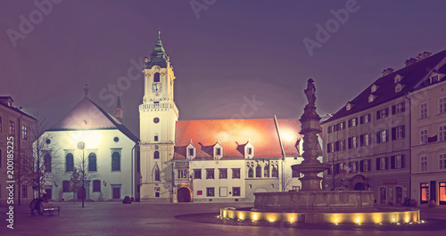 Night view on Main Square in Bratislava, Slovakia
