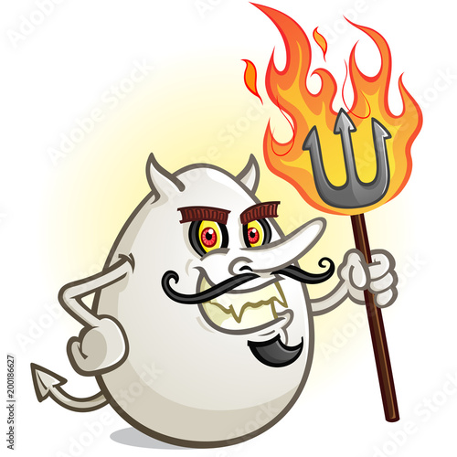 A Deviled Egg Cartoon Character Holding a Flaming Pitch Fork