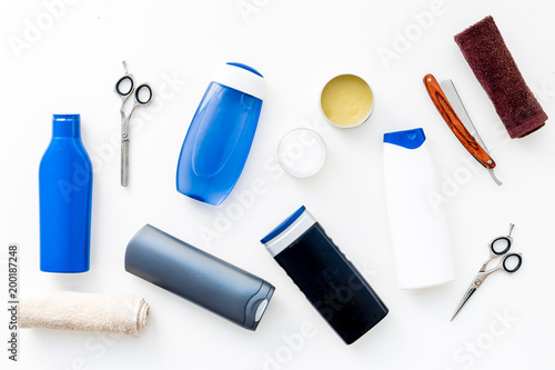 Men's bathroom set. Cosmetics for bath, tools for brushing and grooming on white background top view