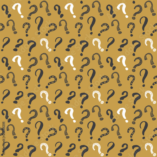 Questions marks seamless pattern. Hand drawn sketched doodle signs, grunge textured retro background. Vintage typography design print, vector illustration