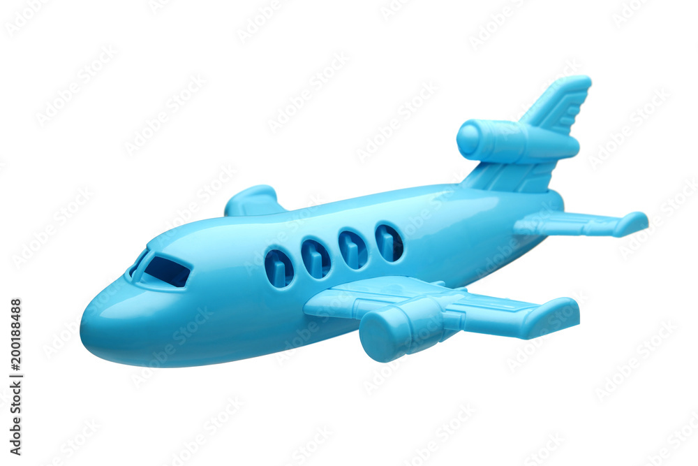 blue plastic toy plane isolated on white background
