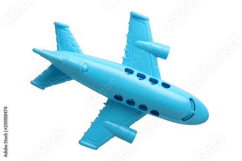 blue plastic toy plane isolated on white background 