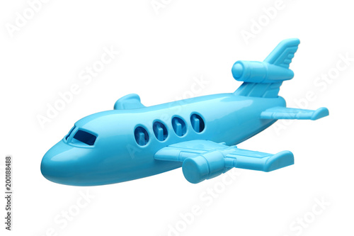 blue plastic toy plane isolated on white background 