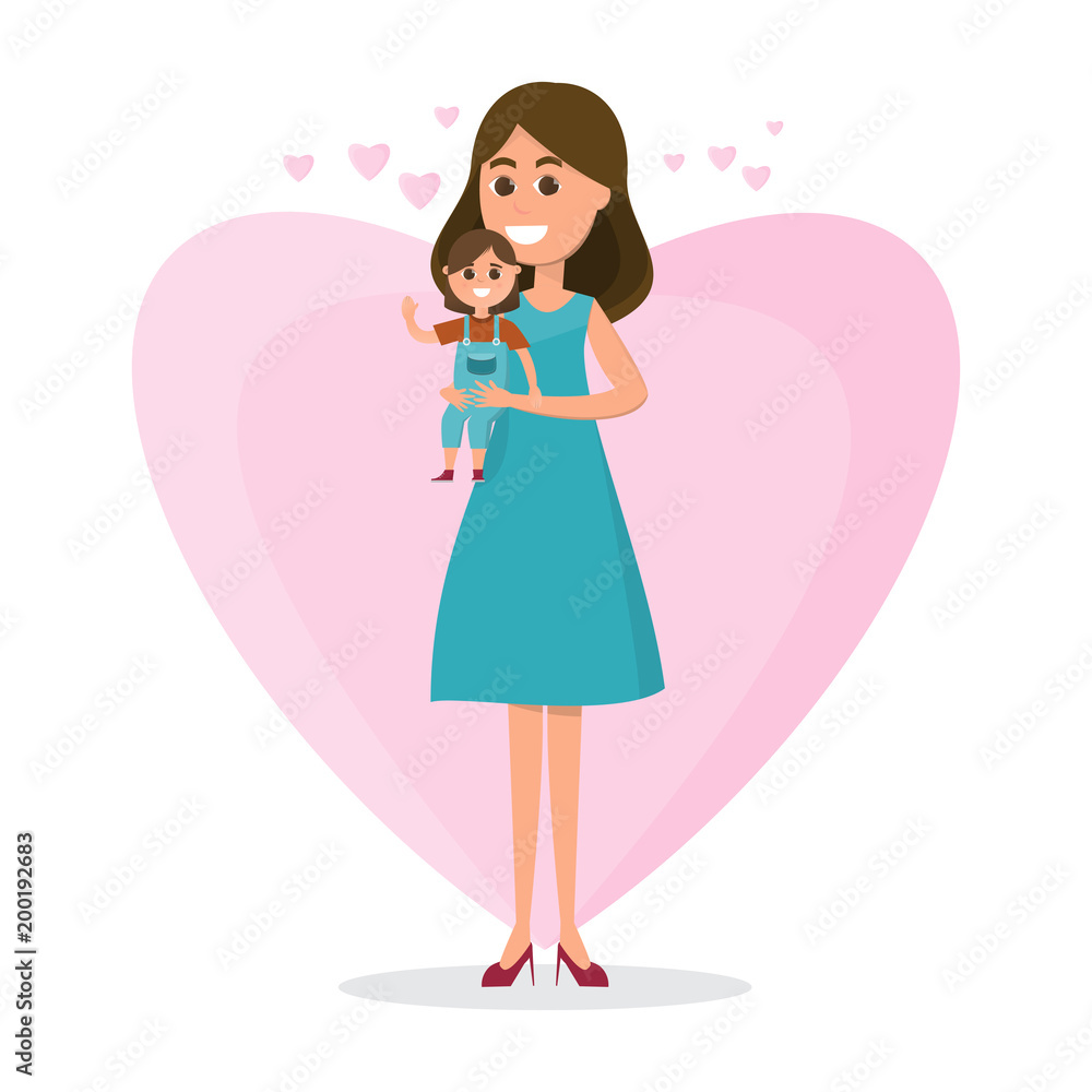 Mother and kids on heart background. Mom holding her daughter on flat style vector illustrations Mother and kids on heart background. Mom holding her daughter on flat style vector illustrations