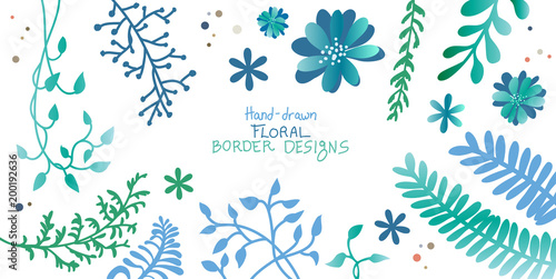 ivy vine and floral design elements of flowers ferns branches and creepers in silhouette vector outlines, elegant decorative border and corner leaves and plants in pretty hand drawn top view layout