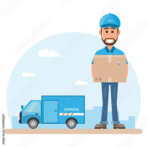 delivery man with box. Postman design isolated on white background. Courier in hat and uniform with package.