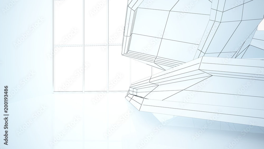 Abstract drawing white parametric interior with window. Polygon colored drawing. 3D illustration and rendering. Abstract drawing white parametric interior with window. Polygon colored drawing. 3D illustration and rendering.