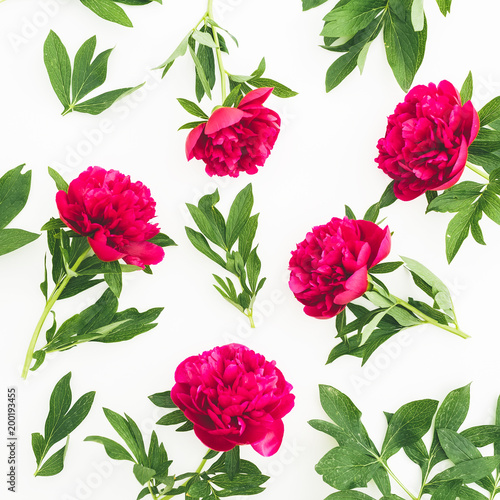 Floral composition with peony flowers on white background. Flat lay  top view.