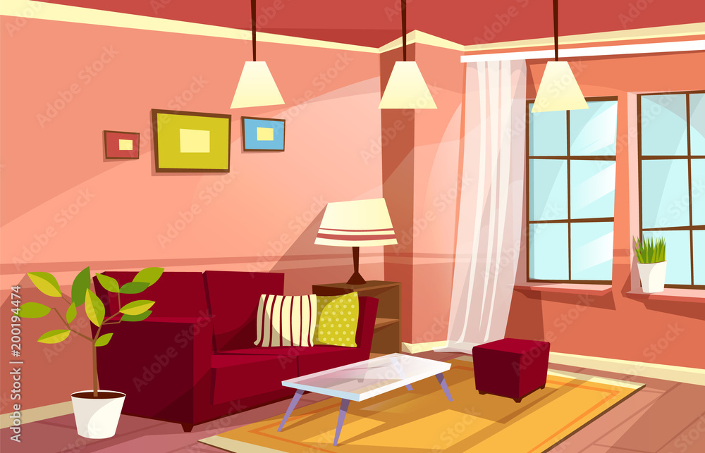 Vector cartoon living room interior background template. Cozy house ...