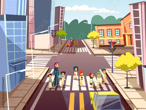 Pedestrians on crossroad vector illustration of Arab Muslim mother woman crossing street with kindergarten children on traffic light. Vector flat design of city road and buildings on traffic lane