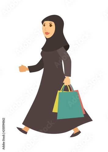 Saudi Arab Muslim woman with shopping bags vector cartoon character