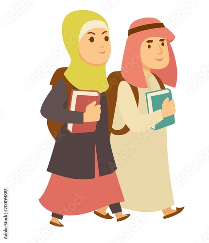 Saudi Arab Muslim boy and girl kids going to school vector cartoon characters