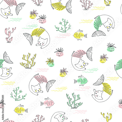 Cute little cat mermaid seamless pattern. Textured  illustration