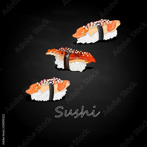 Nigiri Sushi set illustration on dark background isolated.