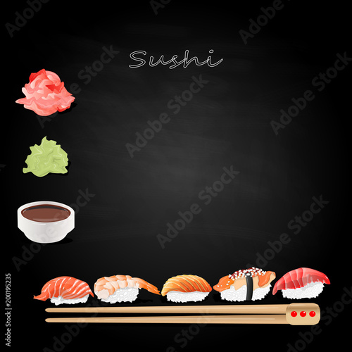 Nigiri Sushi set illustration on dark background isolated.