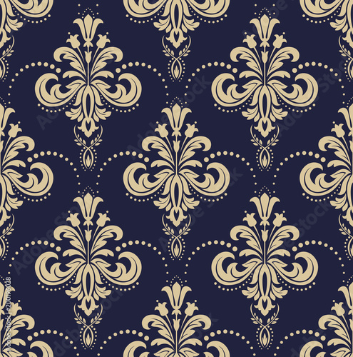 Wallpaper in the style of Baroque. A seamless vector background. Blue and gold floral ornament. Graphic vector pattern